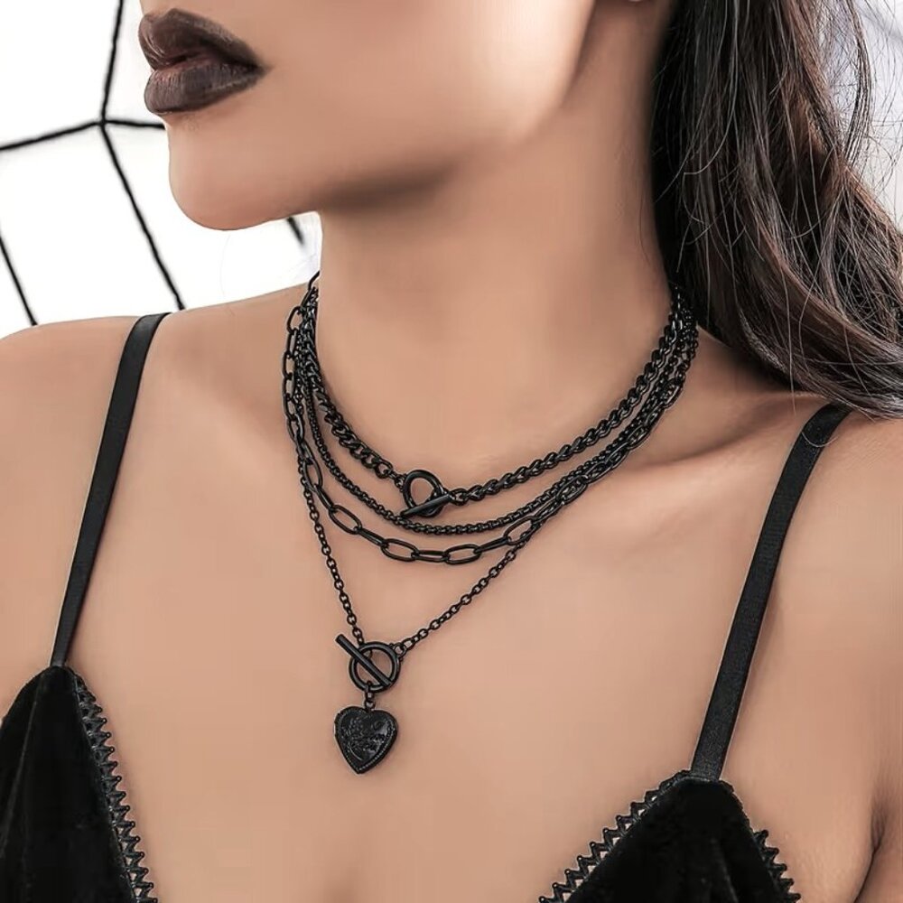 Necklace Layered Heart 4pc Choker Chain Trendy Stylish Emo Goth Vamp Edgy Rock